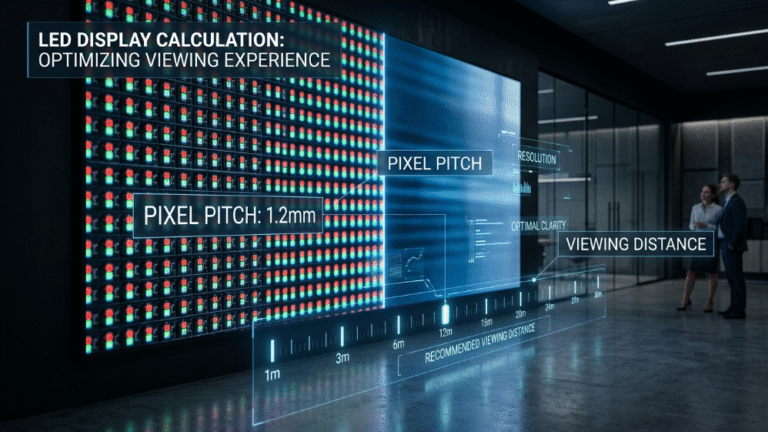 LED pixel pitch calculator visualization showing viewing distance and LED screen structure
