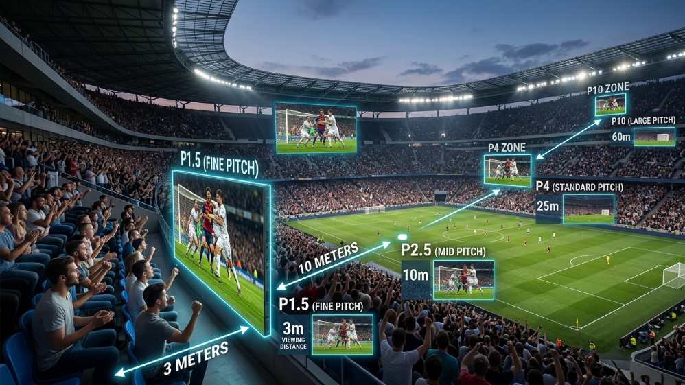 LED pixel pitch comparison showing different viewing distances in stadium environment