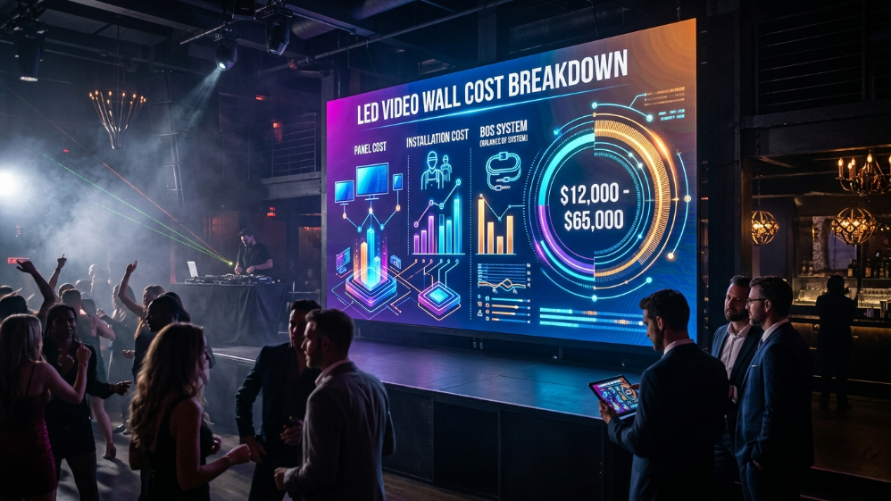 Pantalla LED que muestra el desglose de costos de la instalación LED de la discoteca.