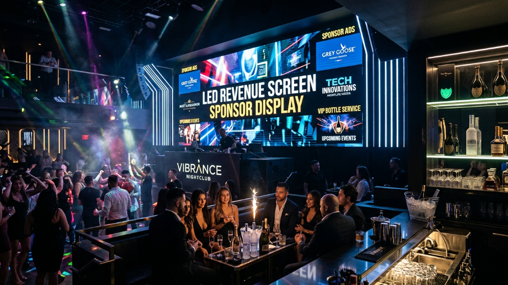 Pantalla LED que muestra anuncios de ingresos por patrocinio dentro de la discoteca.