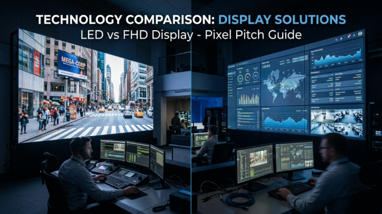 LED vs FHD display comparison showing outdoor LED billboard and indoor LCD screen in modern control room