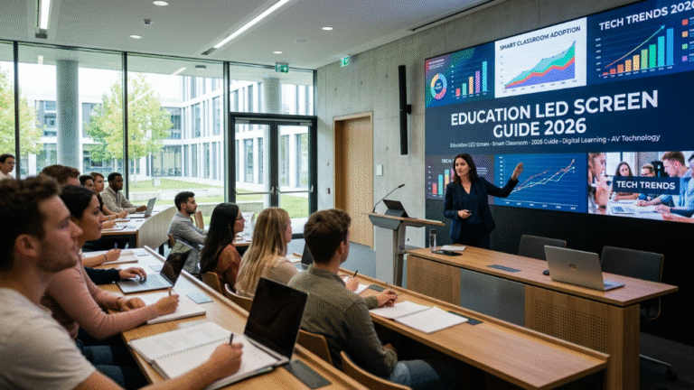 Modern classroom with education LED screen video wall showing 2026 guide