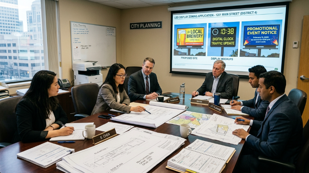 Municipal planning officials reviewing LED billboard zoning and building permit documents