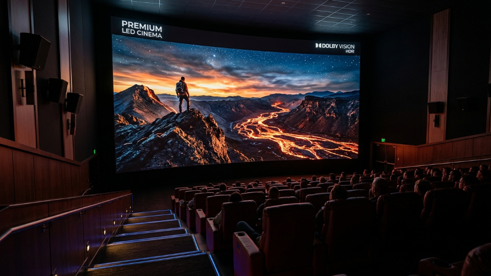 Pantalla de cine LED acústicamente transparente con altavoces.