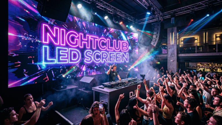 Nightclub LED screen behind DJ booth with neon keywords and crowd lighting