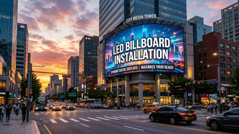Outdoor LED billboard displaying installation guide keywords