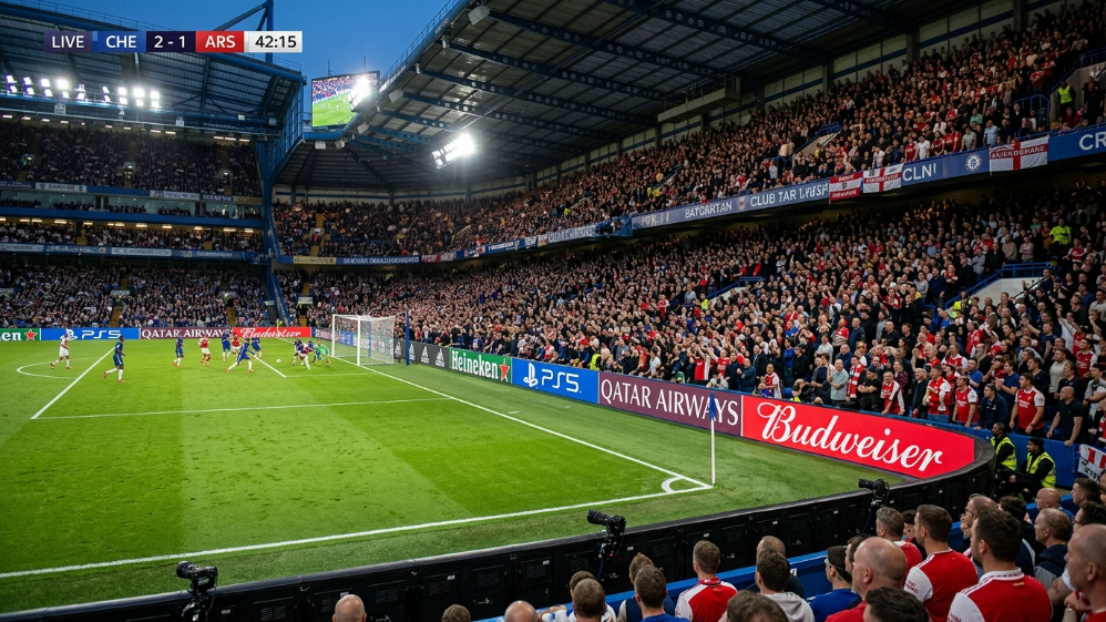 Outdoor LED stadium screen advertising during live sports event