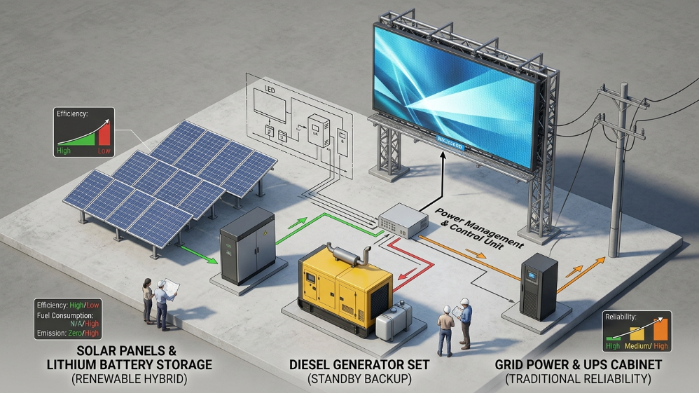 Power solutions for outdoor LED screens including solar and generator systems