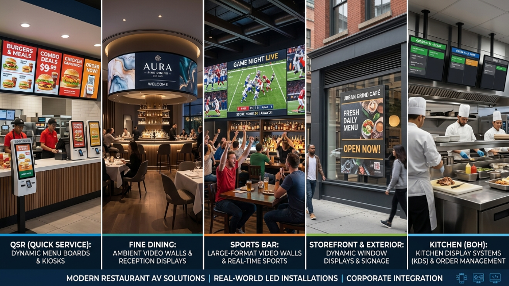 Restaurant LED screens installed in different zones including menu boards and storefront displays