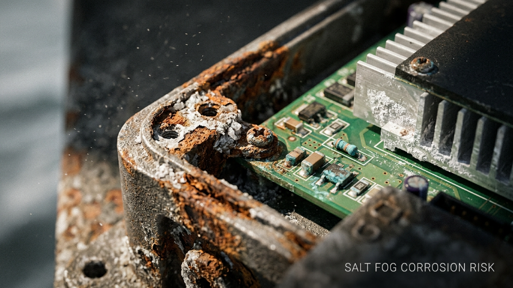 Salt fog corrosion damage on outdoor LED display components in coastal environment