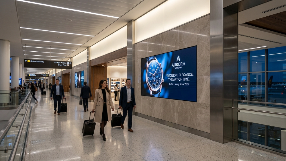 Seamless indoor LED billboard display integrated into an airport terminal wall