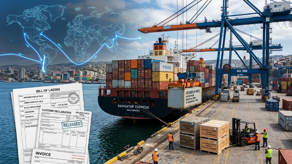 Shipping and import logistics of flexible LED screens from China to Chile port