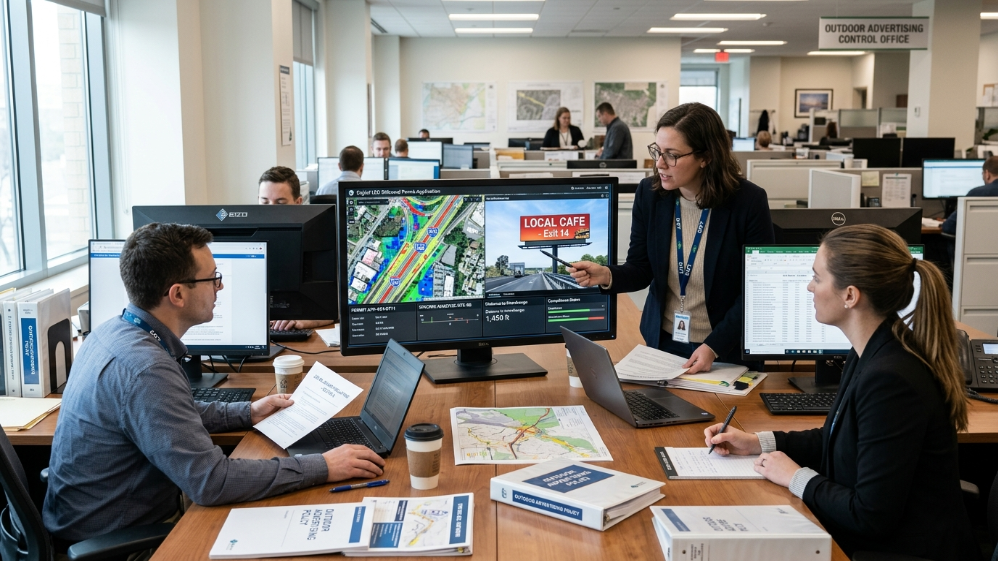 State DOT officials reviewing LED billboard spacing and permit application documents