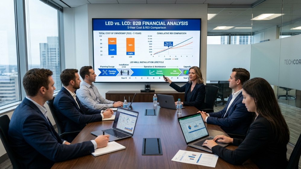 TCO comparison chart of LED vs FHD display in corporate meeting