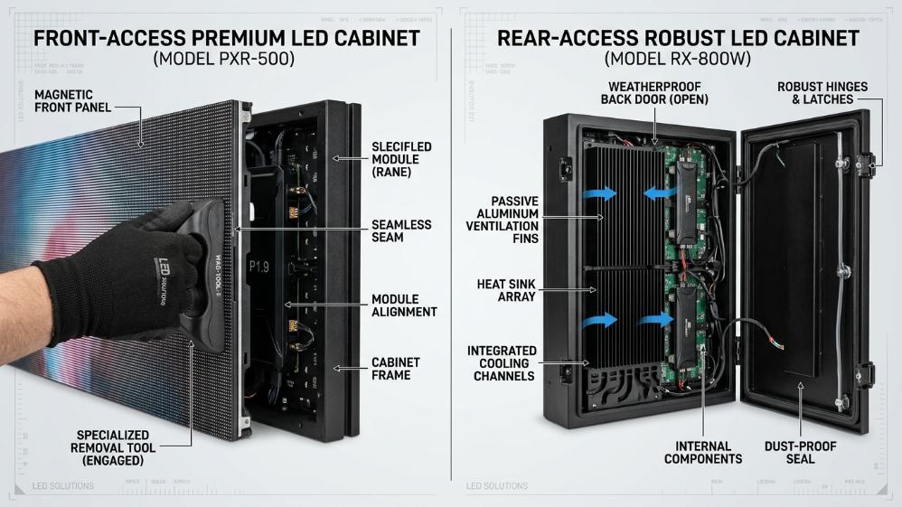Technical side-by-side view of front-service and rear-service LED display cabinets