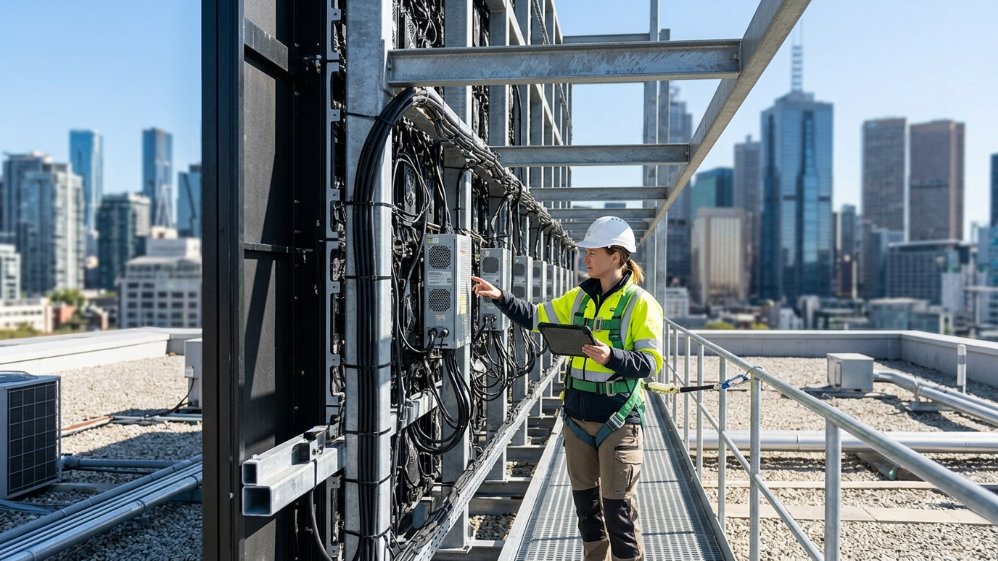 Technician inspecting the structural rear clearance of a rooftop LED billboard