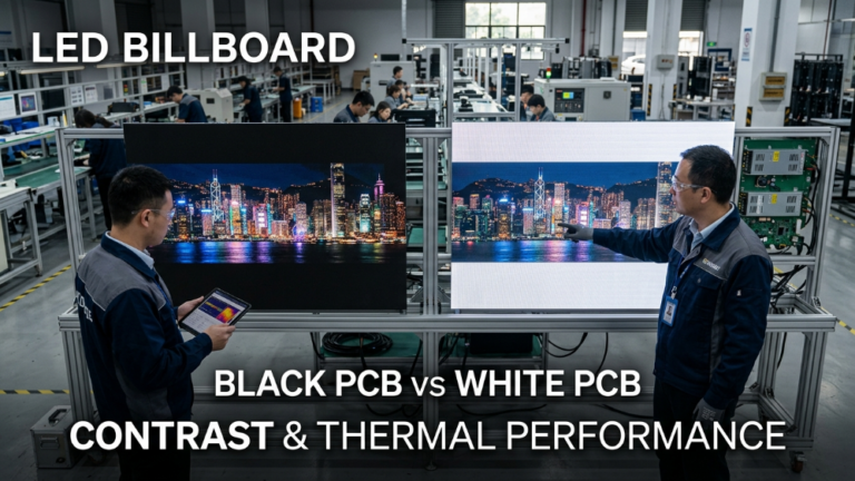 Black PCB vs white PCB LED billboard comparison showing contrast and thermal performance