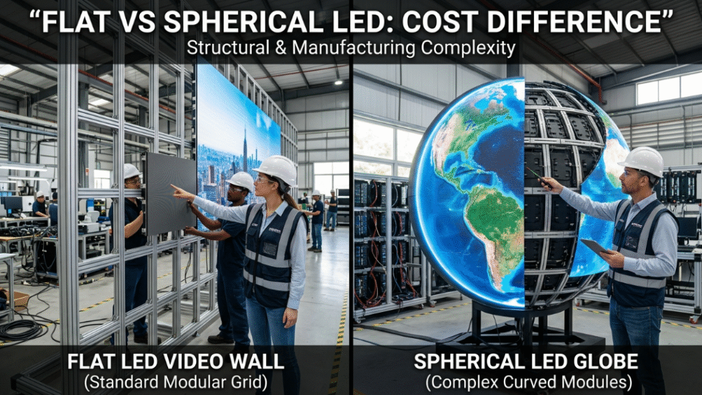 Comparison between flat LED wall and spherical LED display structure