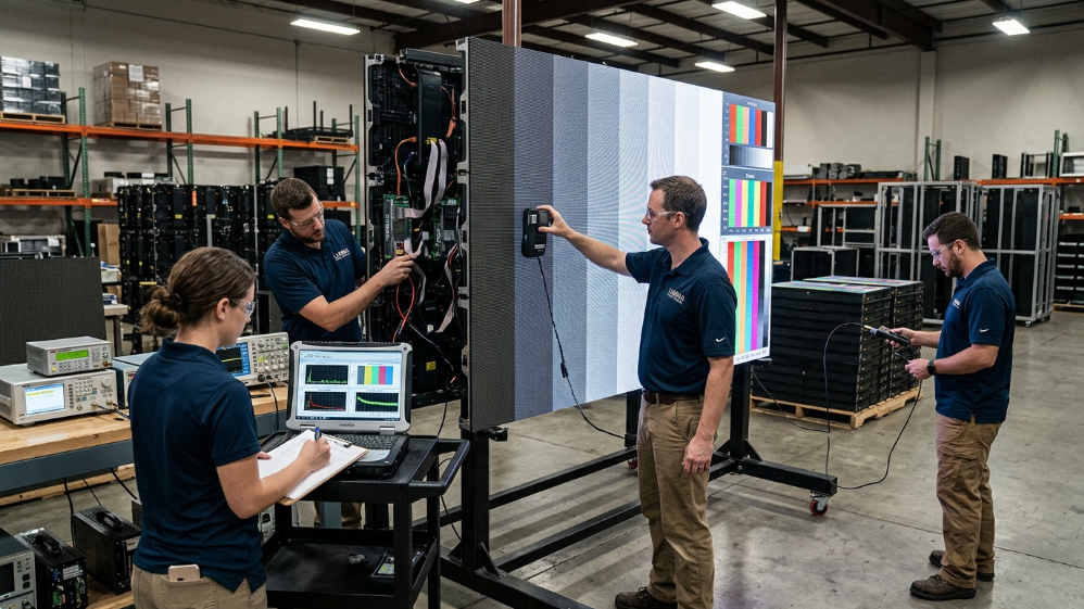 Engineers testing LED billboard micro dimming performance before purchase