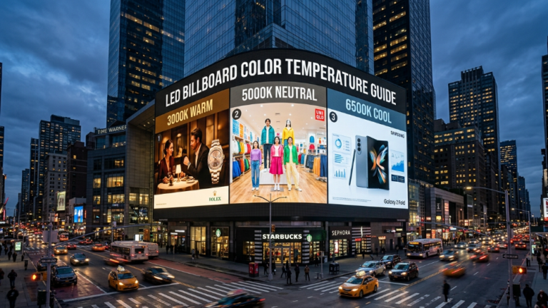 LED Billboard Color Temperature Guide showing 3000K, 5000K, and 6500K comparison