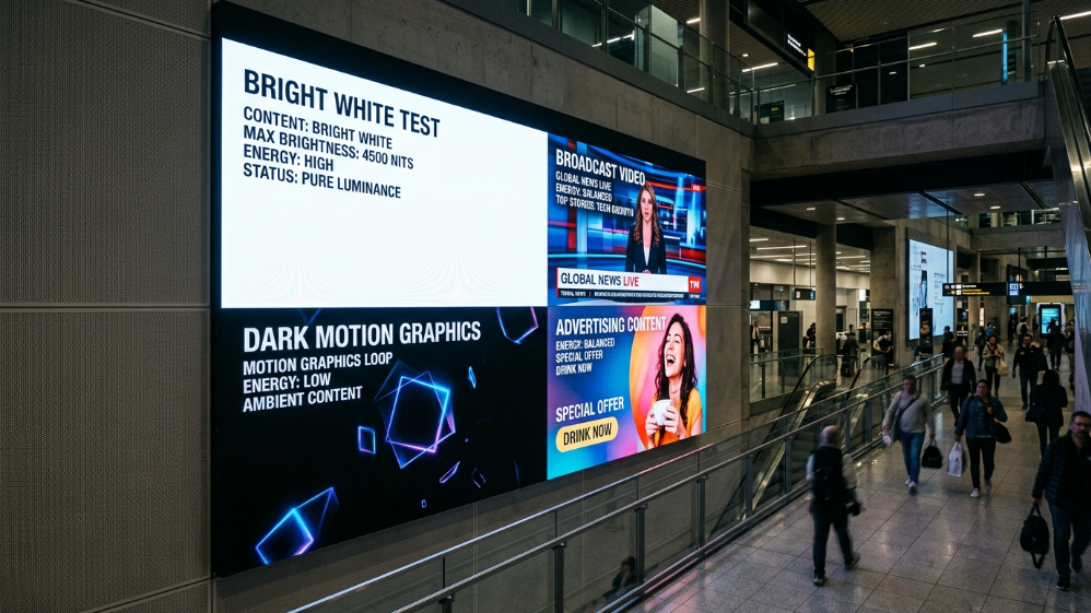 LED video wall content types affecting power consumption and brightness levels