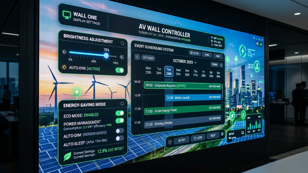LED video wall energy saving control and brightness scheduling system