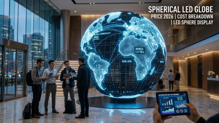 Luxury spherical LED globe display in corporate lobby with cost analysis theme