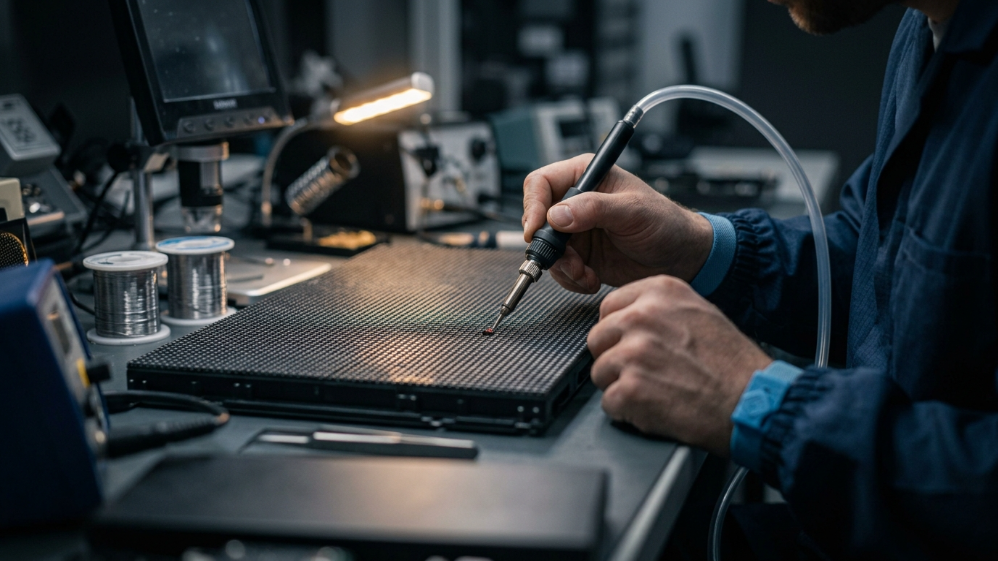 Microscopic COB LED repair using hot air rework station and tweezers
