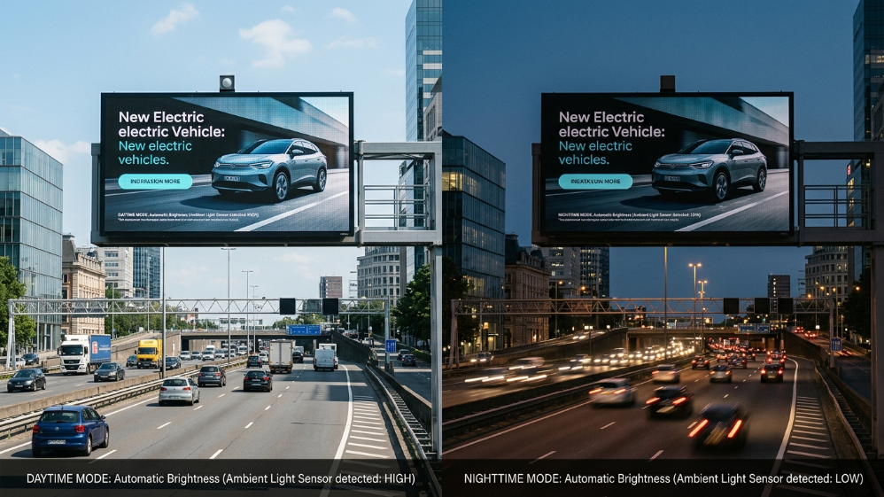 Outdoor LED billboard automatic brightness adjustment from day to night