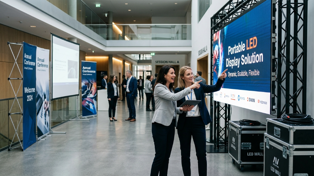 Portable LED display replacing traditional conference banners and rental screens
