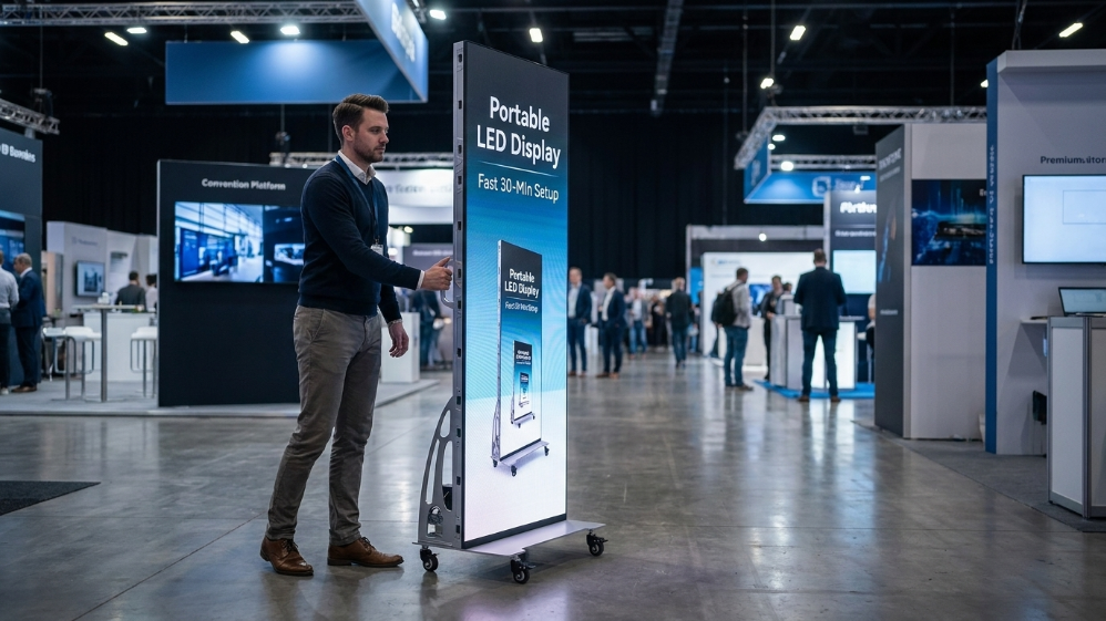 Portable LED poster display with wheels for fast conference setup