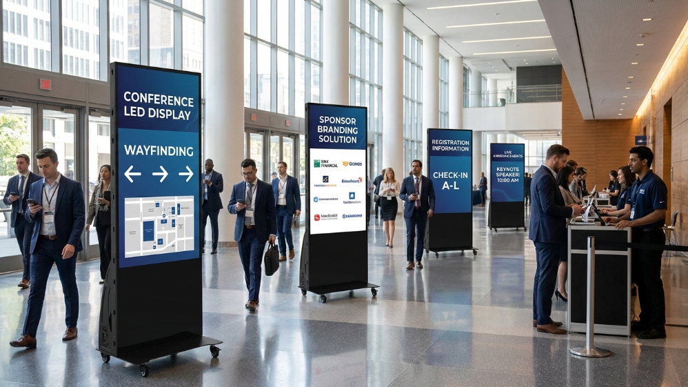 Portable LED poster displays used for conference branding and wayfinding