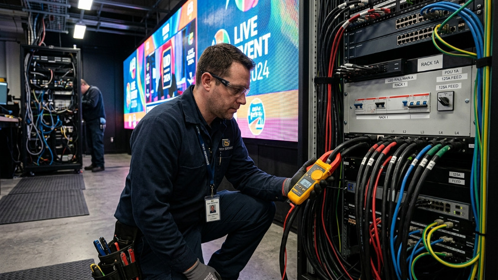 Technician measuring LED video wall power consumption and electrical load
