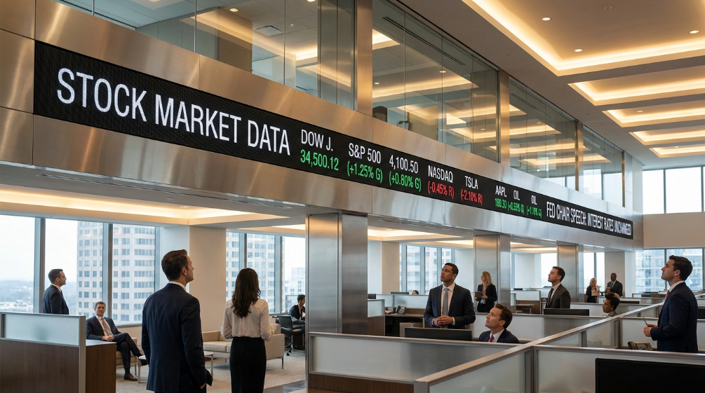 Commercial LED stock ticker display showing market data