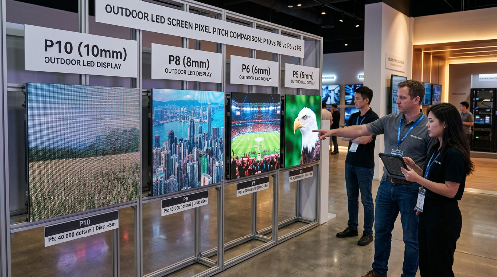 Comparison of P10 P8 P6 P5 outdoor LED display pixel pitches