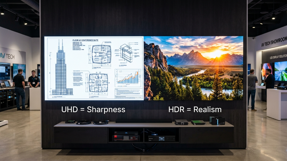Comparison of UHD sharpness and HDR realism on LED video walls