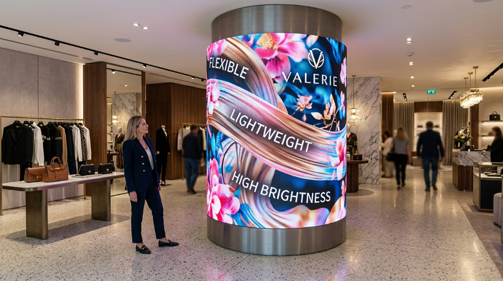 Flexible LED display features including curved design and high brightness