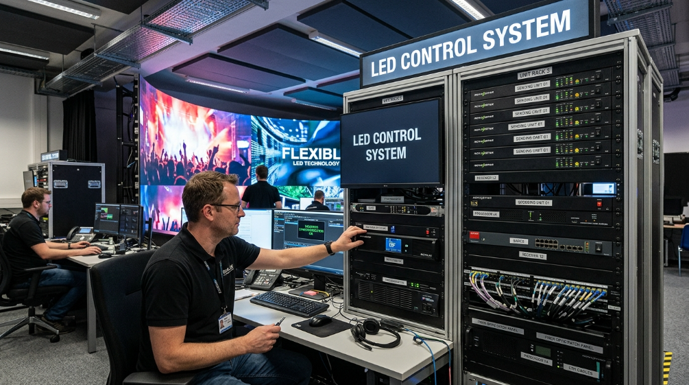 Flexible LED screen control system with sending and receiving cards