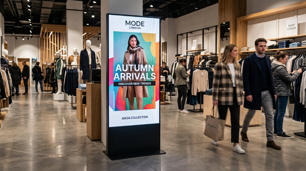Freestanding commercial LED poster screen in retail store