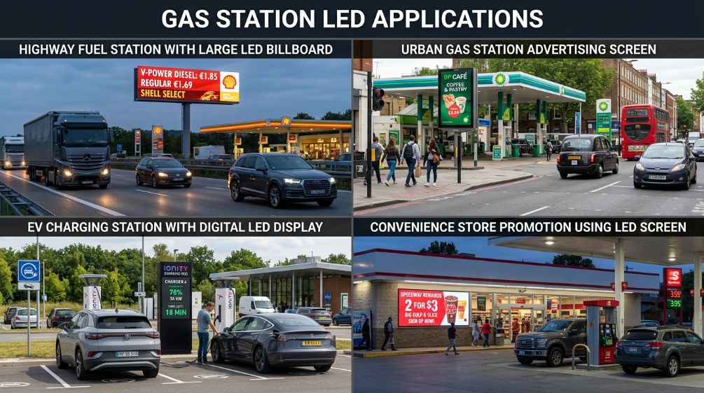 Gas station LED billboard applications in different commercial environments