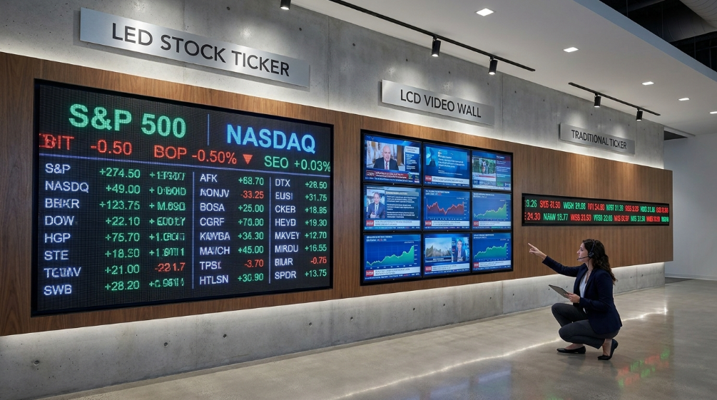 LED Stock Ticker vs LCD video wall comparison