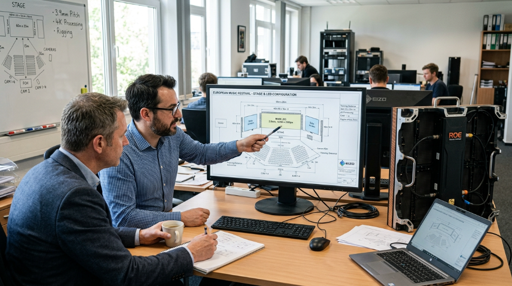 LED engineers planning an event video wall system