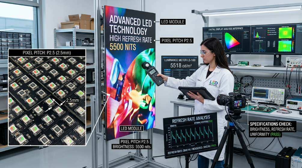 LED poster screen pixel pitch and technical specification testing
