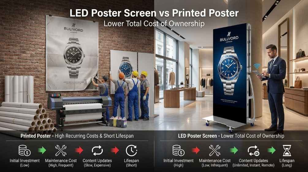 LED poster screen vs printed poster total cost comparison