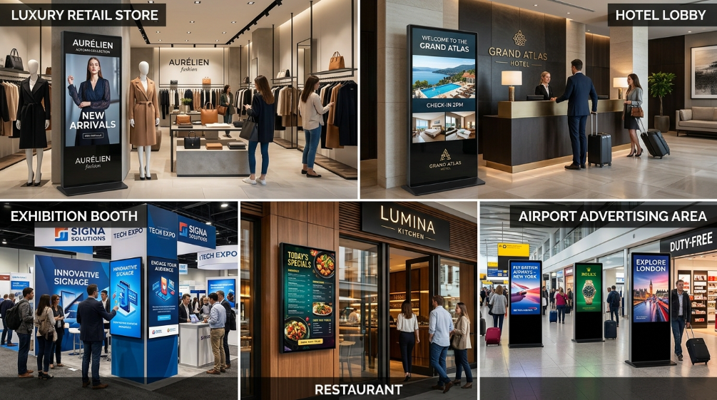 LED poster screens used in retail hotel exhibition and airport applications