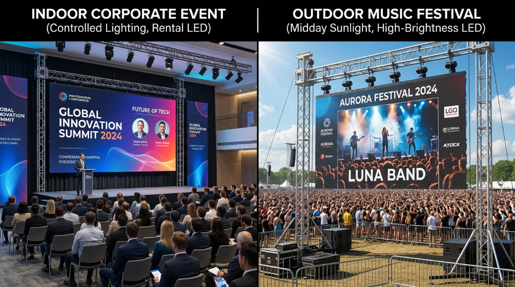 Indoor and outdoor LED display brightness comparison