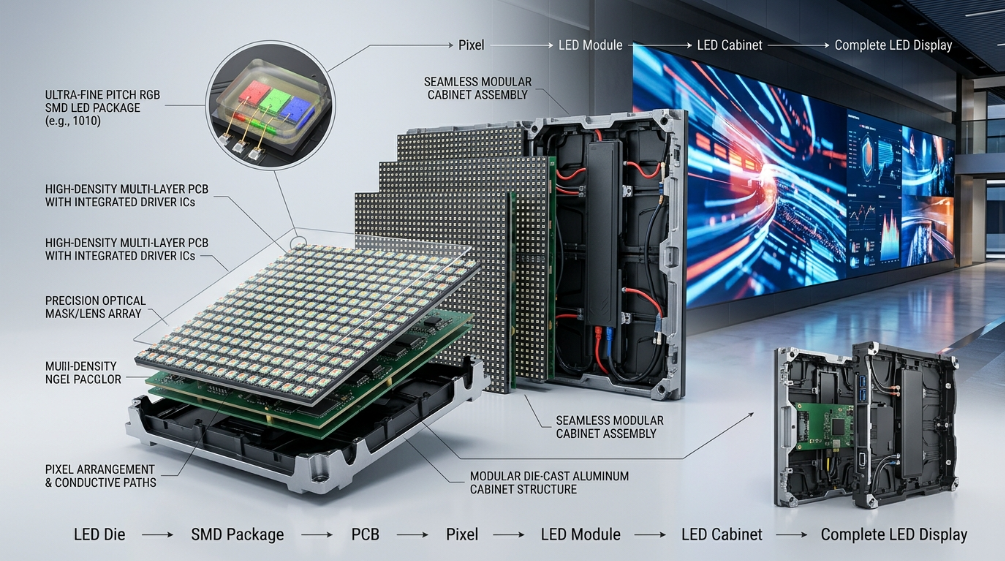 SMD LED display structure from LED package to cabinet