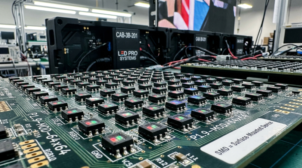 SMD LED packages mounted on a commercial LED display PCB